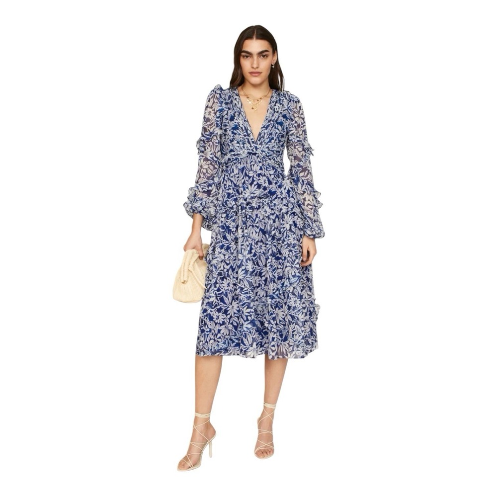 Badgley Mischka Dress Women's Size 4 Blue Floral Ruffle Midi Cocktail Formal